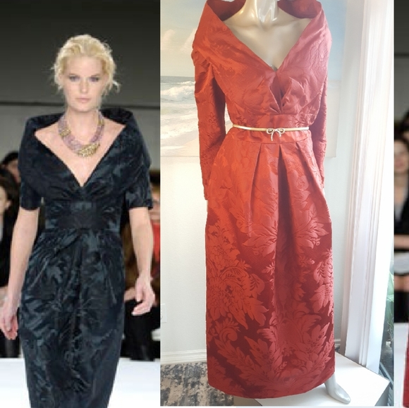 $6,400 OSCAR DE LA RENTA EXCLUS RED SILK BROCADE RUNWAY GOWN 6 - Picture 3 of 15